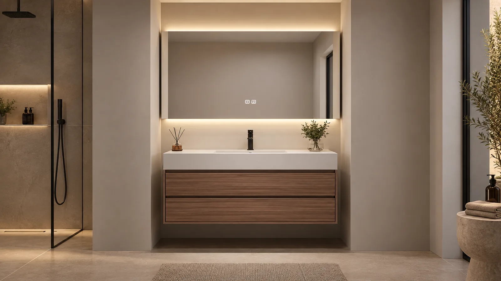 32 inch single sink floating vanity in a warm bathroom