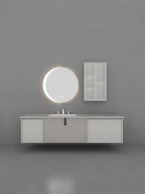 Gray Bathroom Vanity | Modern Minimalist Style, Round Smart Mirror, Moon - Shaped LED, Storage Side Cabinet, With Sink