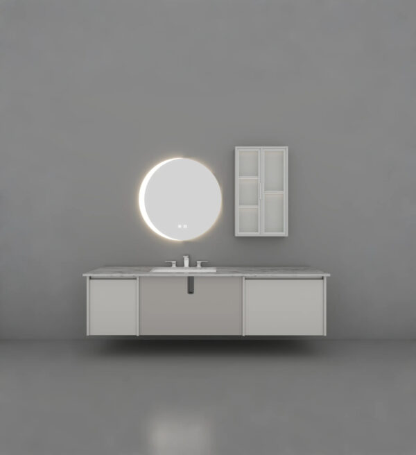 Gray Bathroom Vanity | Modern Minimalist Style, Round Smart Mirror, Moon - Shaped LED, Storage Side Cabinet, With Sink