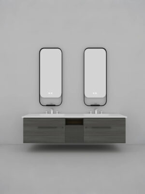 Gray Wood Grain Bathroom Vanity | Modern Minimalist Style, Square Smart Mirror, Multiple Storage Functions, With Sink