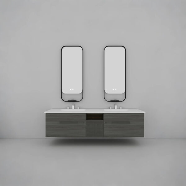 Gray Wood Grain Bathroom Vanity | Modern Minimalist Style, Square Smart Mirror, Multiple Storage Functions, With Sink