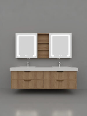Wooden Bathroom Vanity | Modern Minimalist Style, Smart Mirror Cabinet, Integrated Sintered Stone Sink