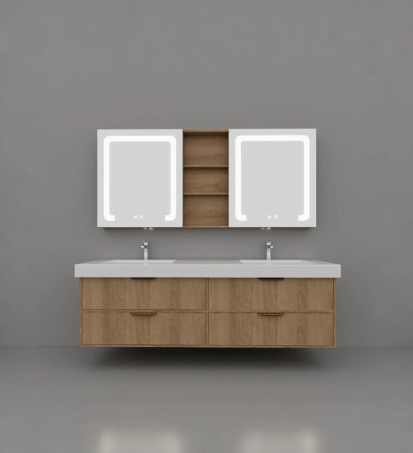 Wooden Bathroom Vanity | Modern Minimalist Style, Smart Mirror Cabinet, Integrated Sintered Stone Sink