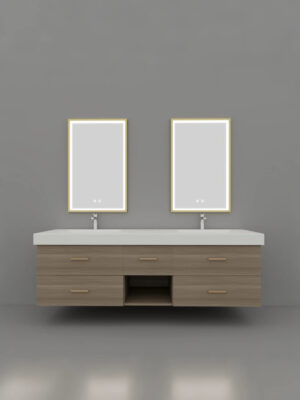Wooden Bathroom Vanity | Modern Minimalist Style, 2 Square Smart Mirrors, Integrated Sintered Stone Sink