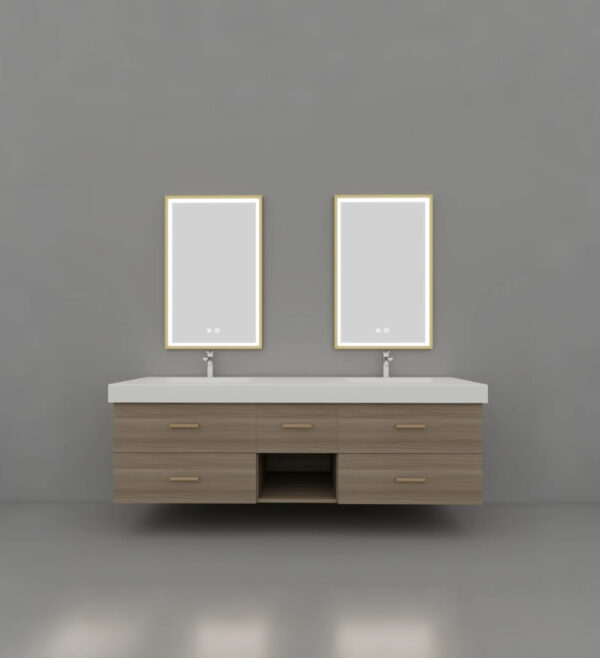 Wooden Bathroom Vanity | Modern Minimalist Style, 2 Square Smart Mirrors, Integrated Sintered Stone Sink