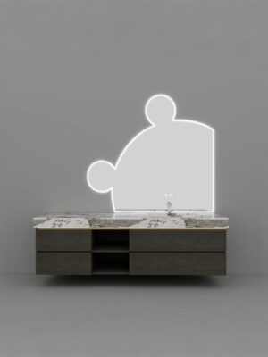 Gray Bathroom Vanity | Modern Minimalist Style, Bear-shaped Smart Mirror Cabinet, Marble Pattern Integrated Sink