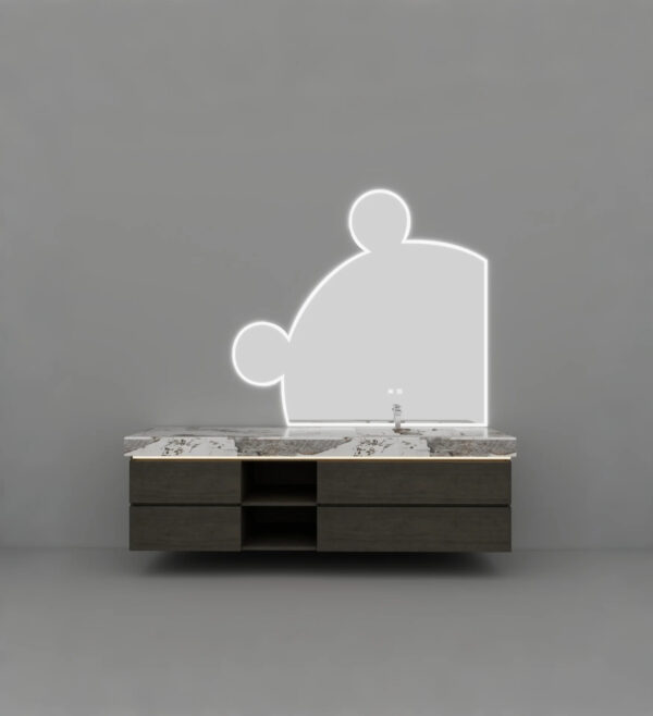 Gray Bathroom Vanity | Modern Minimalist Style, Bear-shaped Smart Mirror Cabinet, Marble Pattern Integrated Sink