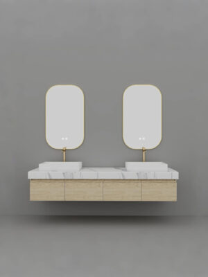 Wood Grain Bathroom Vanity | Modern Minimalist Style, 2 Mirrors, Gold Faucet, Vessel Sink