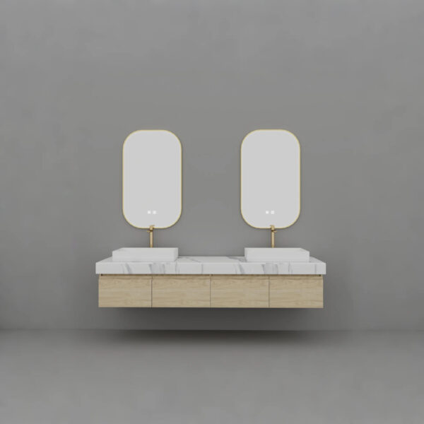 Wood Grain Bathroom Vanity | Modern Minimalist Style, 2 Mirrors, Gold Faucet, Vessel Sink