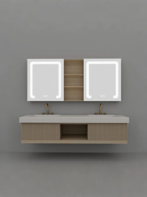 Wooden Bathroom Vanity | Modern Minimalist Style, Smart Mirror Cabinet, Integrated Sintered Stone Sink