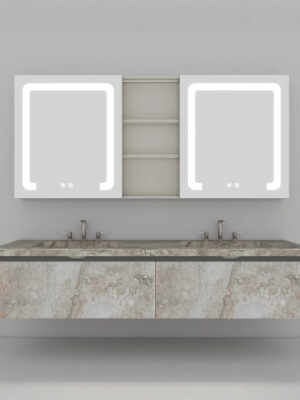 Marble Pattern Double Basin Bathroom Vanity | Modern Style, Multiple Storage Spaces, Mirror Cabinet with Storage, Defogging and LED Functions