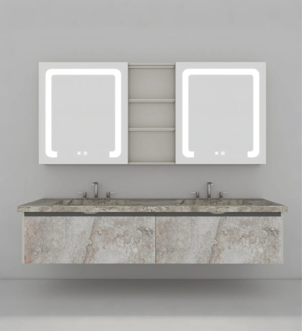 Marble Pattern Double Basin Bathroom Vanity | Modern Style, Multiple Storage Spaces, Mirror Cabinet with Storage, Defogging and LED Functions