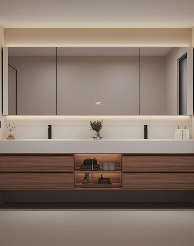 Kadaligh Fen 96" Wall-Mounted Floating Bathroom Vanity with Rock Plate Countertop - Wood & Black
