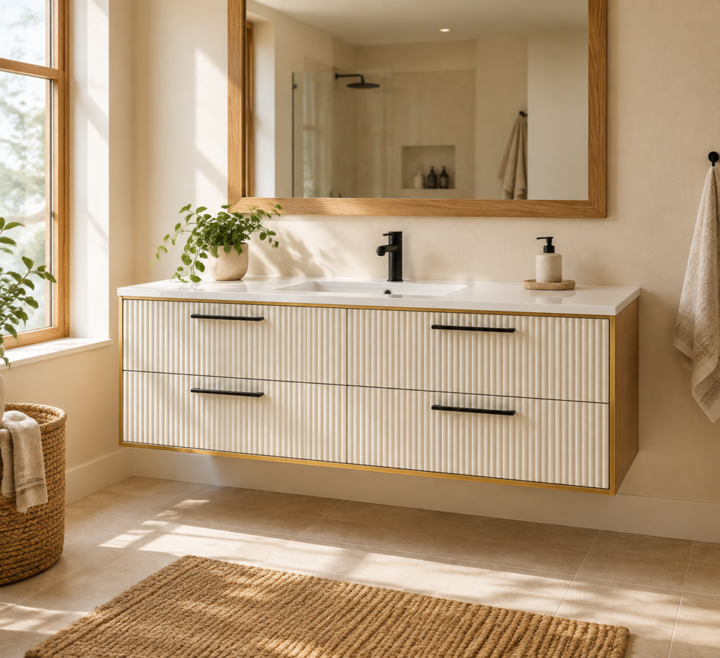 Kadaligh Kiso 72" Freestanding Bathroom Vanity with Stone Countertop - Ivory Fluted & Brushed Gold