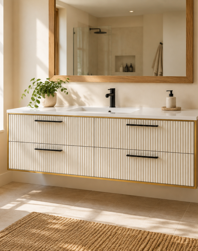 Kadaligh Kiso 72" Freestanding Bathroom Vanity with Stone Countertop - Ivory Fluted & Brushed Gold