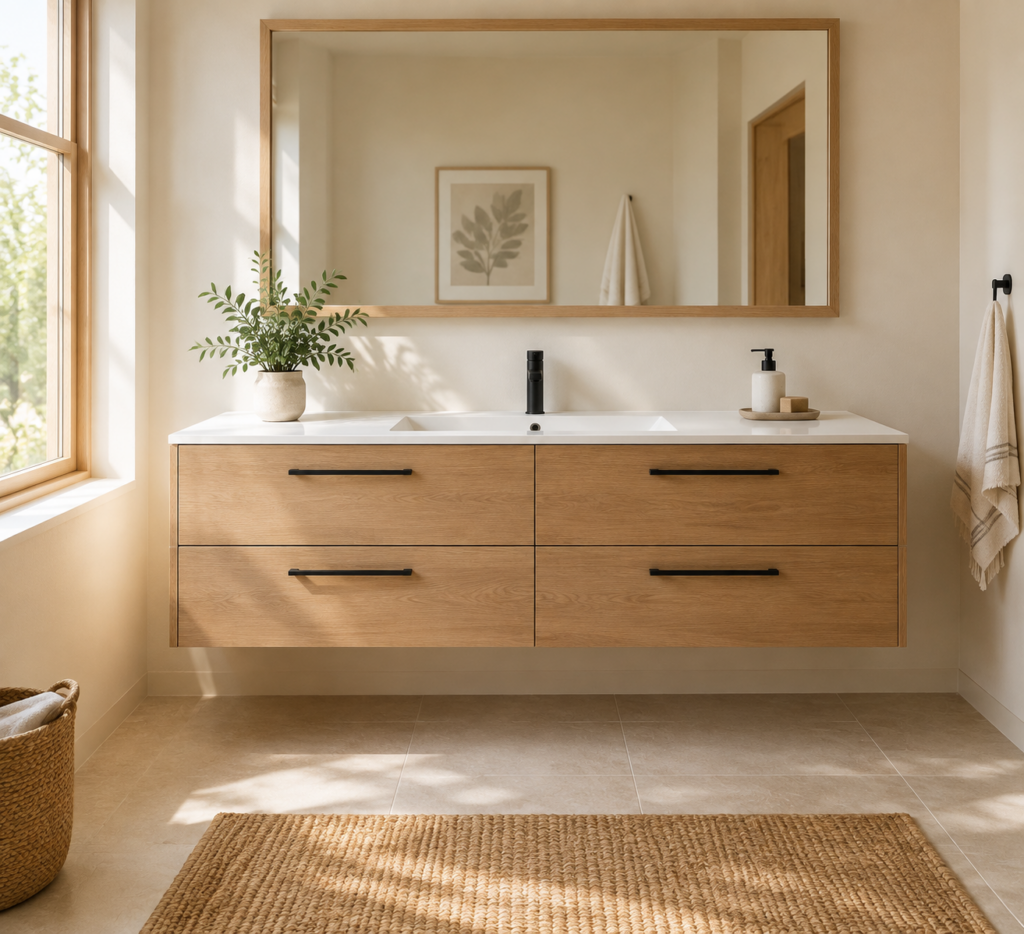 Kadaligh Sora 84" Wall-Mounted Floating Bathroom Vanity with One-Piece Stone Countertop - Natural Wood