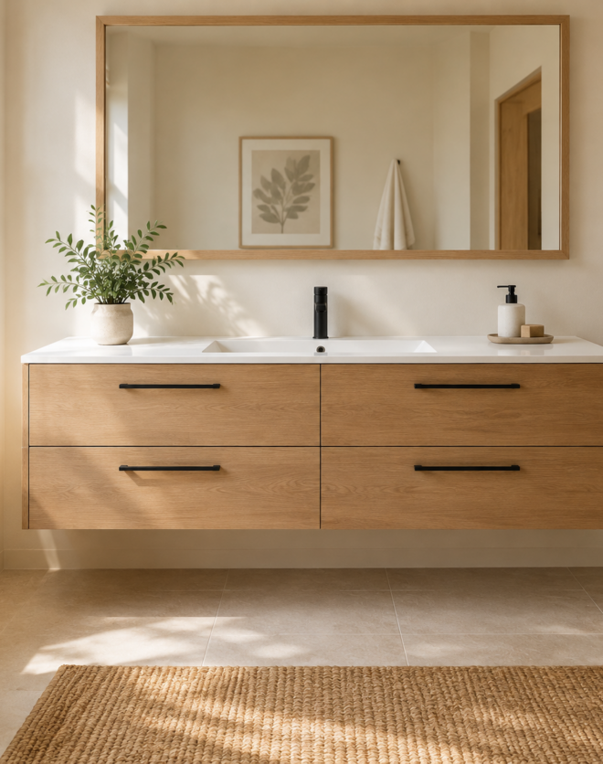 Kadaligh Sora 84" Wall-Mounted Floating Bathroom Vanity with One-Piece Stone Countertop - Natural Wood