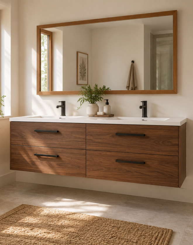 Kadaligh Hygge 84" Freestanding Bathroom Vanity with Marble-Style Countertop - Walnut Wood