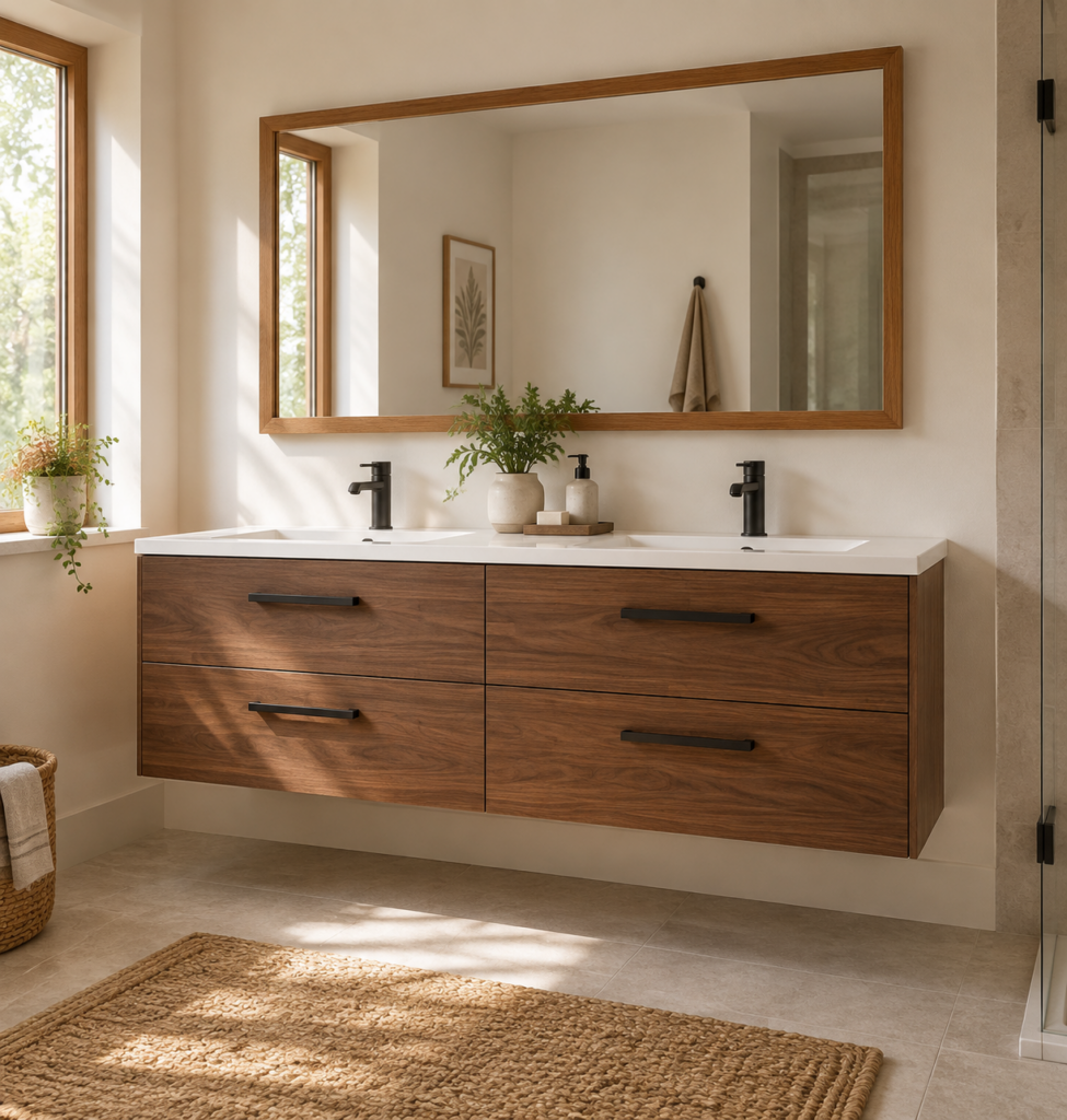 Kadaligh Hygge 84" Freestanding Bathroom Vanity with Marble-Style Countertop - Walnut Wood