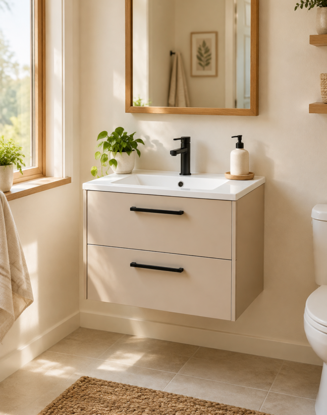 Kadaligh Loam 28" Wall-Mounted Floating Bathroom Vanity with Rock Slab One-Piece Basin - Milk Coffee