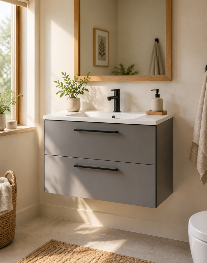 Kadaligh Ume 32" Wall-Mounted Floating Bathroom Vanity with Slate Countertop - Gray & Chrome