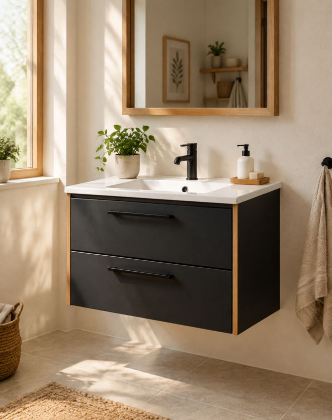 Kadaligh Vik 32" Wall-Mounted Floating Bathroom Vanity with White Marble-Style Countertop - Black & Brushed Gold