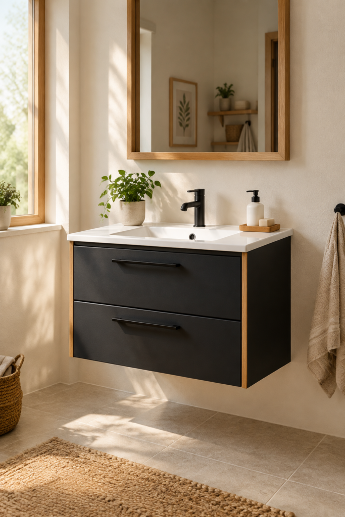 Kadaligh Vik 32" Wall-Mounted Floating Bathroom Vanity with White Marble-Style Countertop - Black & Brushed Gold