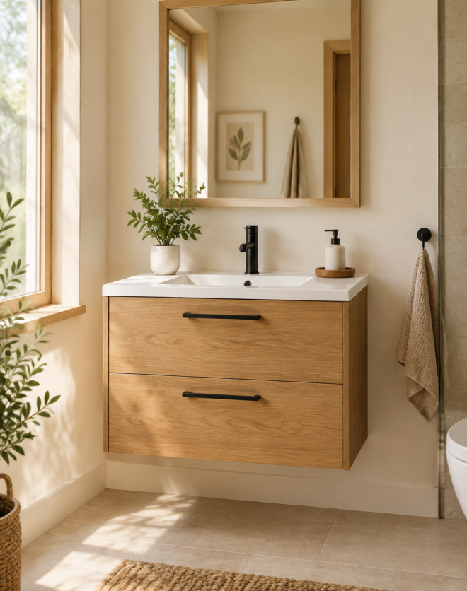 Kadaligh Ash 32" Wall-Mounted Floating Bathroom Vanity with Seamless Slate Countertop - Wood