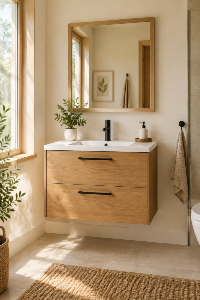 Kadaligh Ash 32" Wall-Mounted Floating Bathroom Vanity with Seamless Slate Countertop - Wood