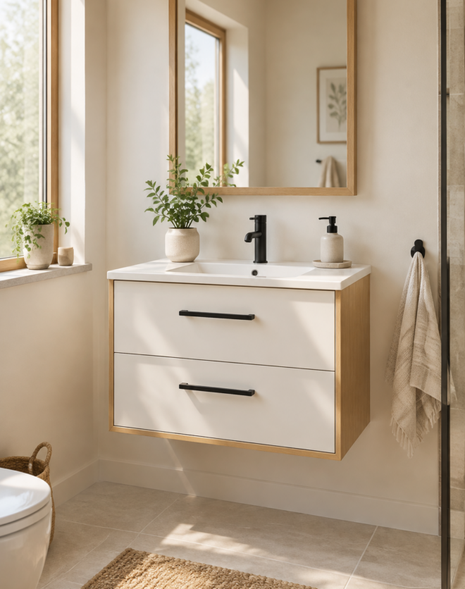 Kadaligh Aalto 24" Freestanding Bathroom Vanity with Rock Slab Countertop - White & Brushed Gold