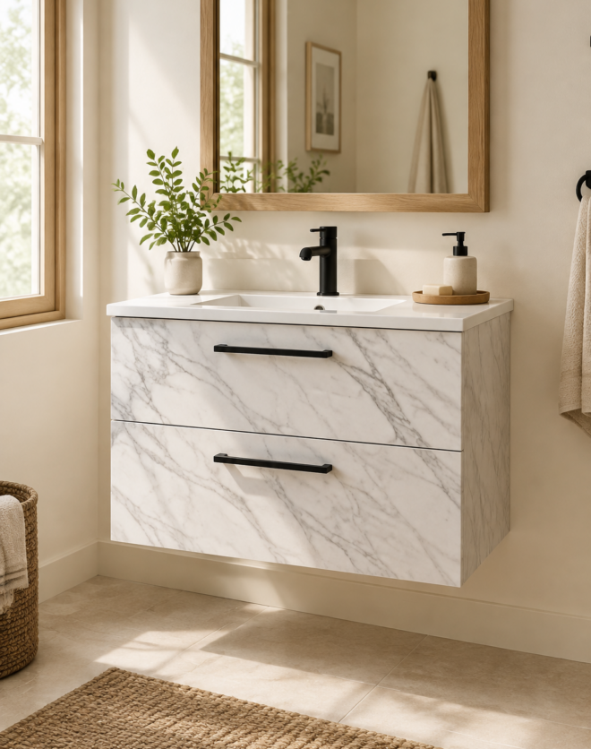 Kadaligh Nord 36" Wall-Mounted Floating Bathroom Vanity with Slate Countertop with Marble Texture - White & Gray Marble Texture