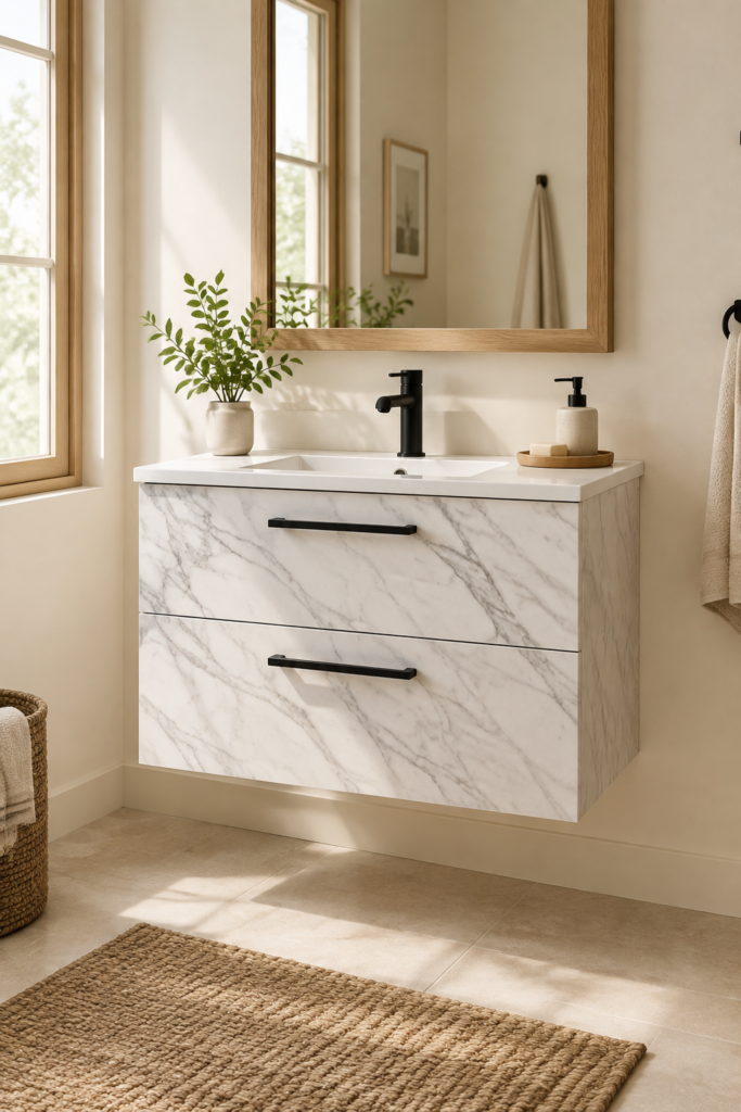 Kadaligh Nord 36" Wall-Mounted Floating Bathroom Vanity with Slate Countertop with Marble Texture - White & Gray Marble Texture