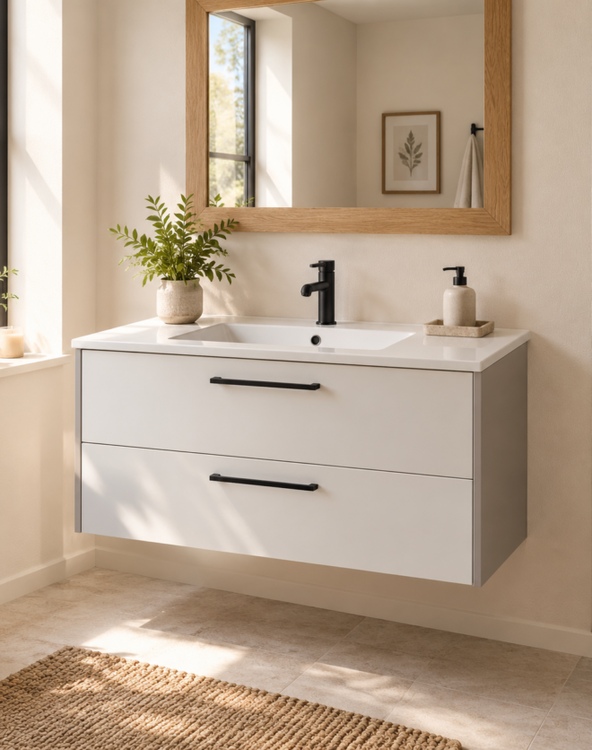 Kadaligh Sora 48" Freestanding Bathroom Vanity with Slate Countertop - White & Gray