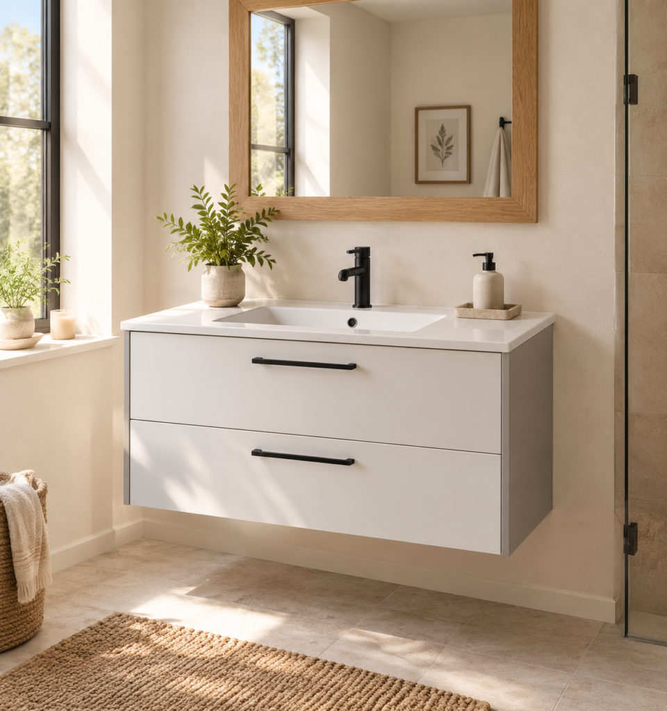 Kadaligh Sora 48" Freestanding Bathroom Vanity with Slate Countertop - White & Gray