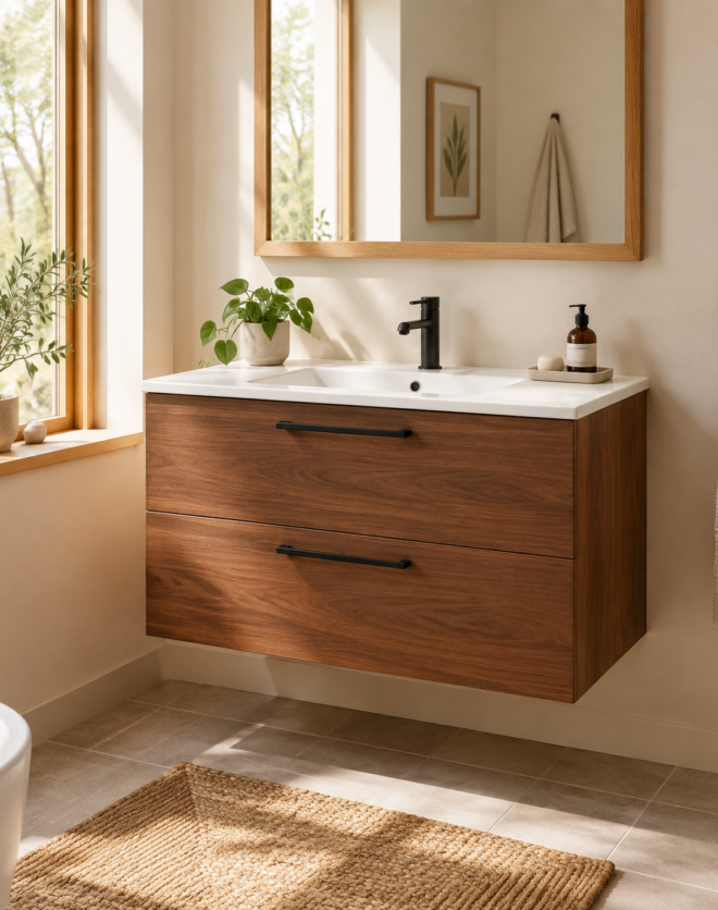 Kadaligh Hygge 48" Wall-Mounted Floating Bathroom Vanity with Marble Slate Countertop - Walnut