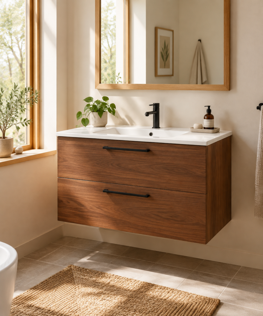 Kadaligh Hygge 48" Wall-Mounted Floating Bathroom Vanity with Marble Slate Countertop - Walnut