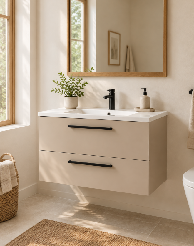 Kadaligh Fen 48" Wall-Mounted Floating Bathroom Vanity with Black Countertop - Beige & Black
