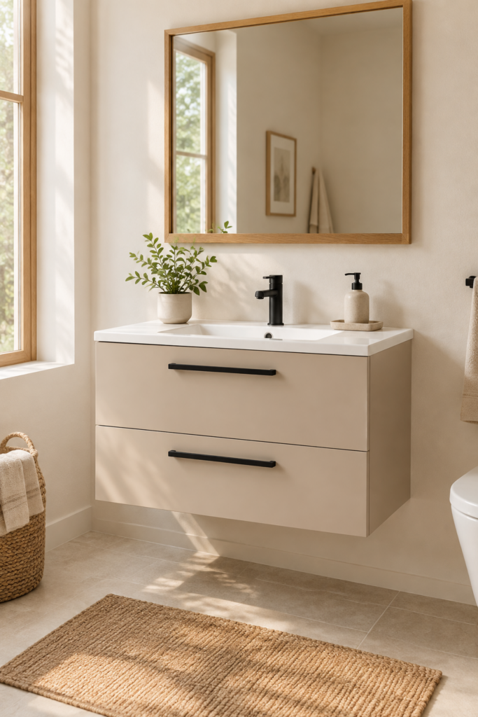 Kadaligh Fen 48" Wall-Mounted Floating Bathroom Vanity with Black Countertop - Beige & Black