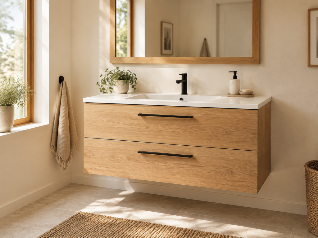 Kadaligh Loam 52" Wall-Mounted Floating Bathroom Vanity with Slate Countertop - Natural Wood