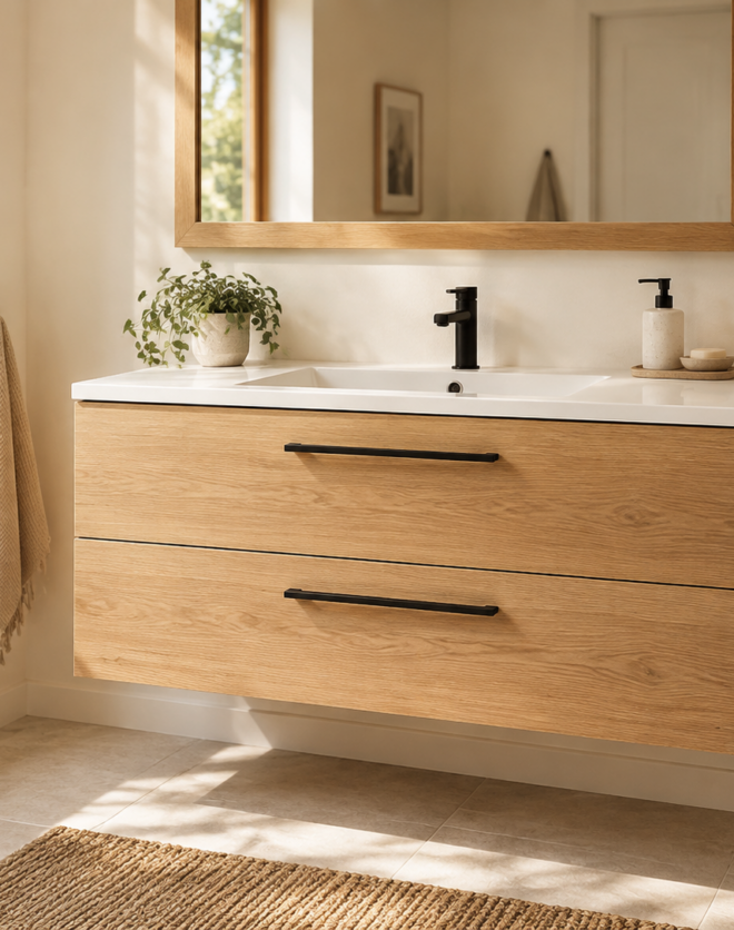 Kadaligh Loam 52" Wall-Mounted Floating Bathroom Vanity with Slate Countertop - Natural Wood