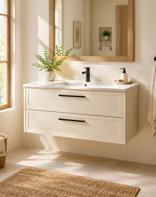 Kadaligh Vik 52" Wall-Mounted Floating Bathroom Vanity with Scratch-Resistant Stone Countertop - Cream & Gold