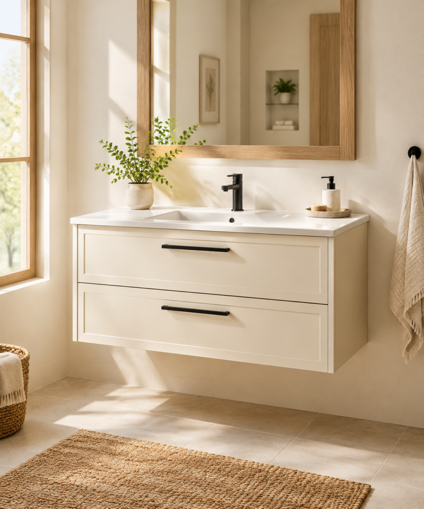 Kadaligh Vik 52" Wall-Mounted Floating Bathroom Vanity with Scratch-Resistant Stone Countertop - Cream & Gold