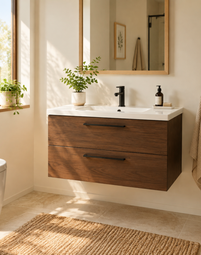 Kadaligh Ash 52" Freestanding Bathroom Vanity with Rock Board Integrated Countertop - White & Dark Wood