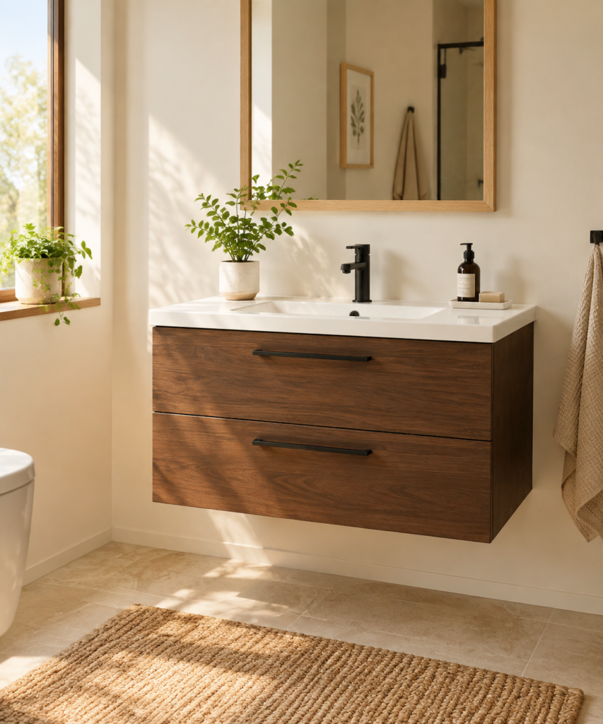 Kadaligh Ash 52" Freestanding Bathroom Vanity with Rock Board Integrated Countertop - White & Dark Wood