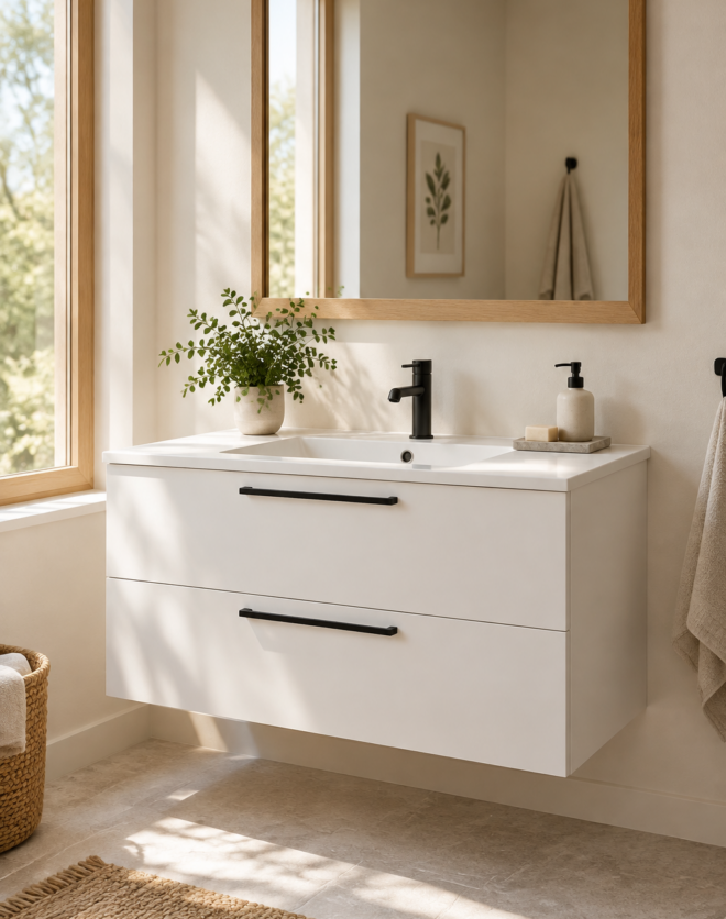 Kadaligh Aalto 52" Wall-Mounted Floating Bathroom Vanity with Stone Countertop - White
