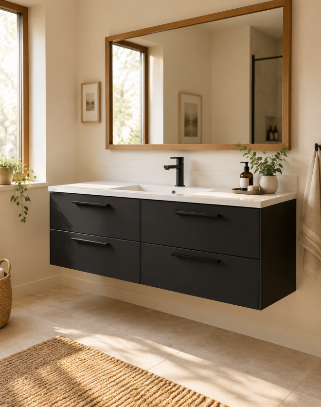 Kadaligh Kiso 60" Wall-Mounted Floating Bathroom Vanity with Rock Slab Countertop - Matte Black