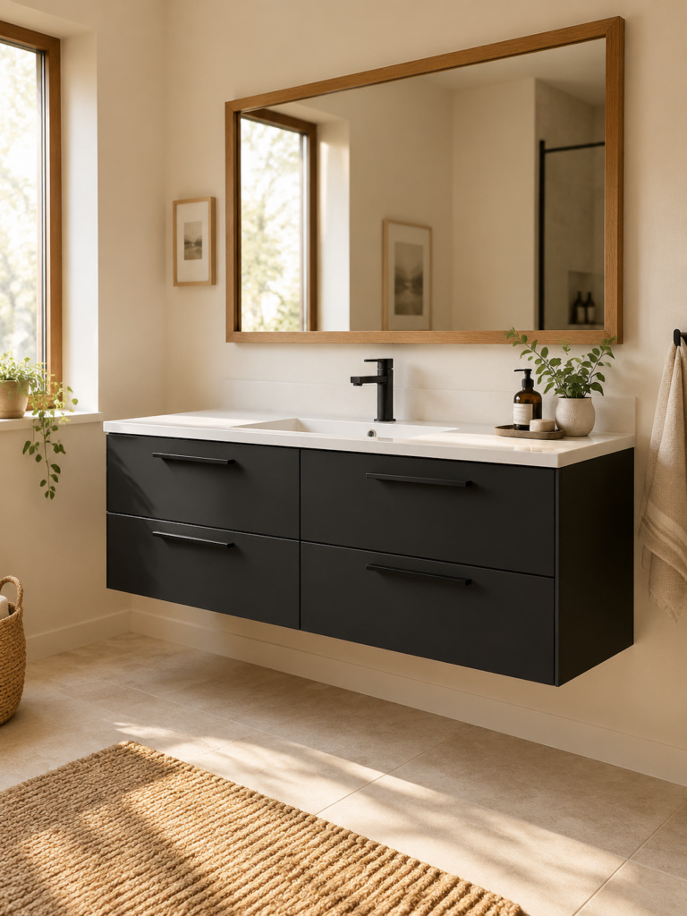 Kadaligh Kiso 60" Wall-Mounted Floating Bathroom Vanity with Rock Slab Countertop - Matte Black