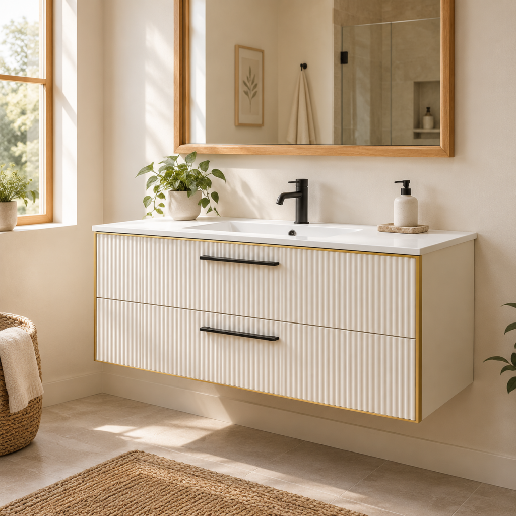 Kadaligh Sora 60" Wall-Mounted Floating Bathroom Vanity with Marble Countertop - Ivory Fluted & Brushed Gold
