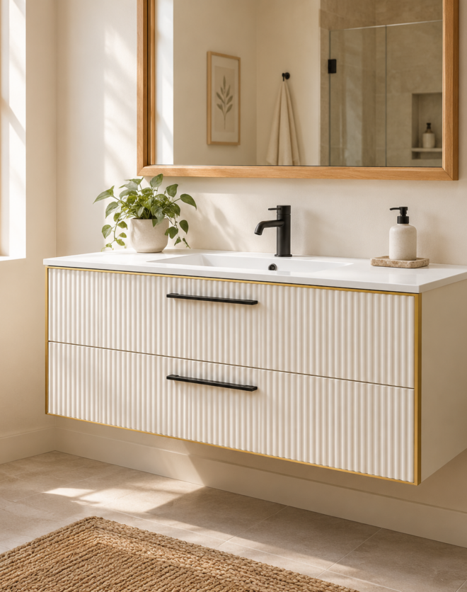Kadaligh Sora 60" Wall-Mounted Floating Bathroom Vanity with Marble Countertop - Ivory Fluted & Brushed Gold