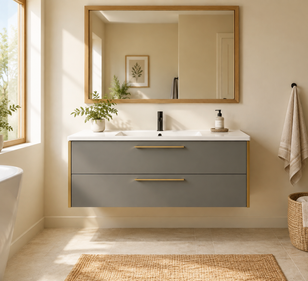 Kadaligh Hygge 60" Wall-Mounted Floating Bathroom Vanity with Marble-Look Integrated Countertop - Gray & Brushed Gold